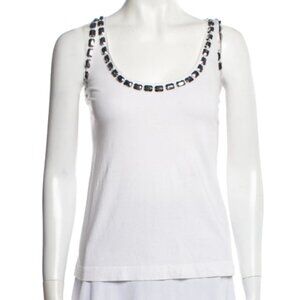 Tory Burch White Scoop Neck Tank Top with Embellished Silver Gems